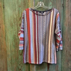 Chaps sweater with vertical stripes in blues, tan and rust size large